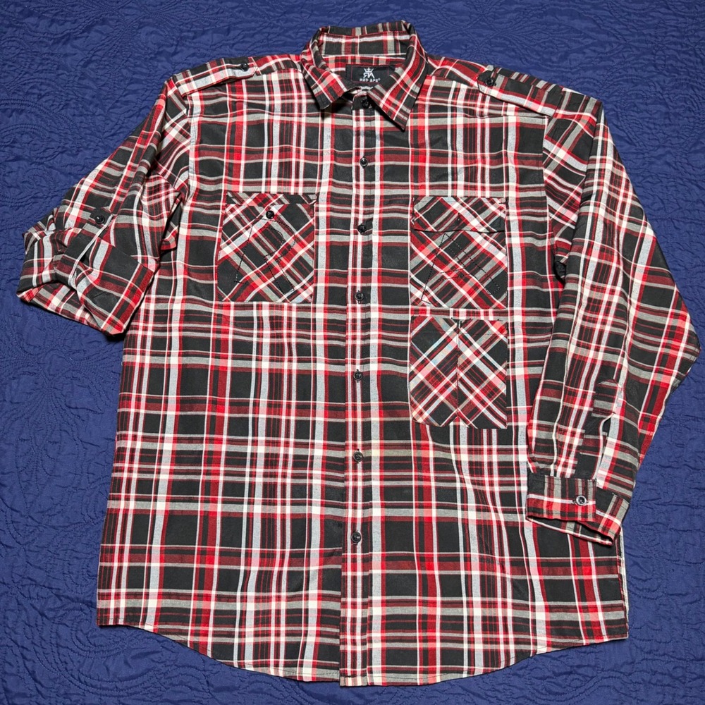 Red Ape Plaid Button Up Shirt Streetwear Epaulet Roll Tab Sleeve Red Black Men L